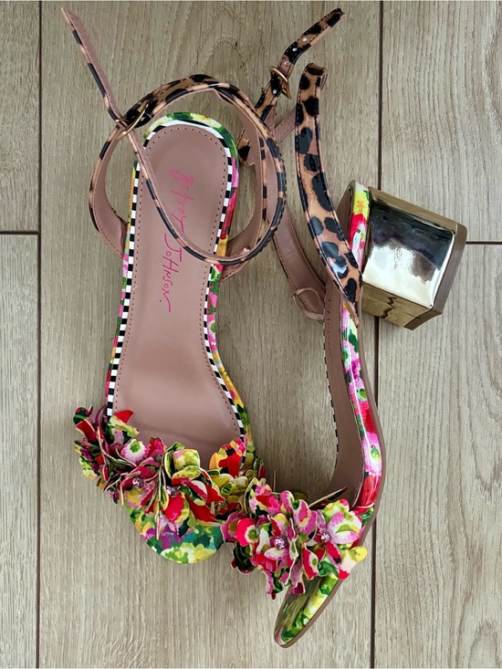 Betsey Johnson Shoes - Betsey Johnson Floral Appliqué Ankle-Strap Sandals in Pink, Green, Yellow, Gold